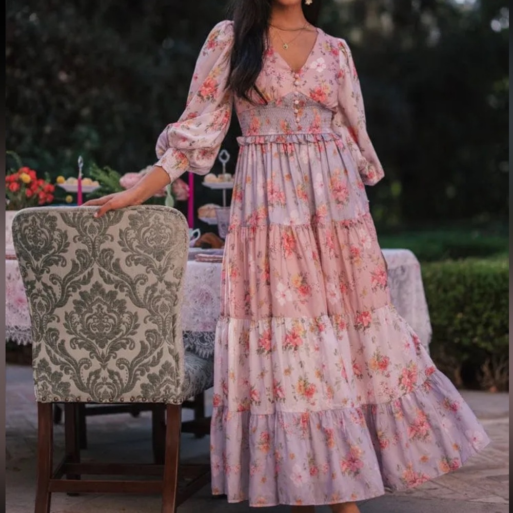 JESSAKAE Garden Rose Sweet Peony Floral Maxi Tea Dress Pink Purple Button Down - Picture 2 of 6